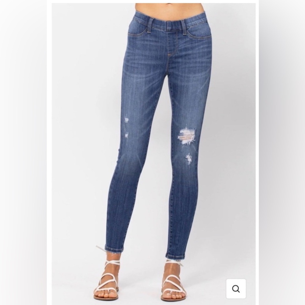 Judy Blue Dark Wash Distressed Pull On Skinny Jeans